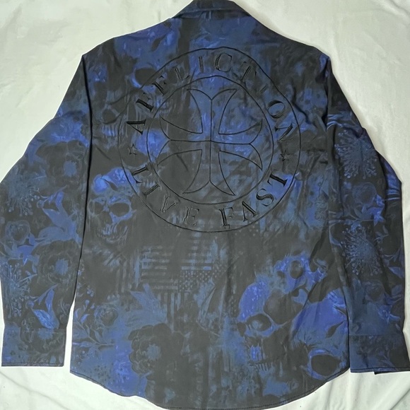 Affliction Blue and Black Skull Pattern Shirt - Picture 10 of 12